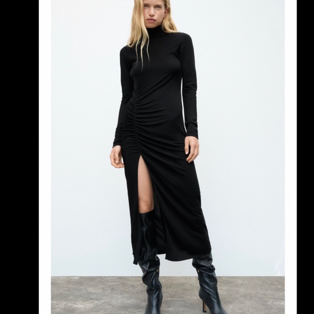 NWT Zara Draped Sheath Long Sleeve Black Dress S